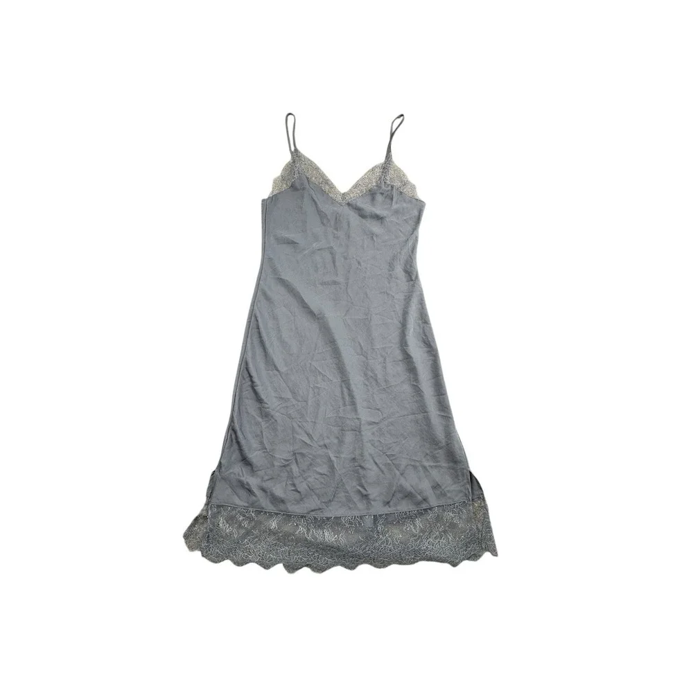 Victoria's Secret Gray Lace Trim Satin Slip Chemise‎ Nightgown Women M